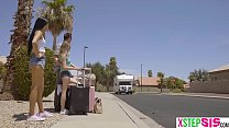 Latina and white stepsisters fuck inside of a camper